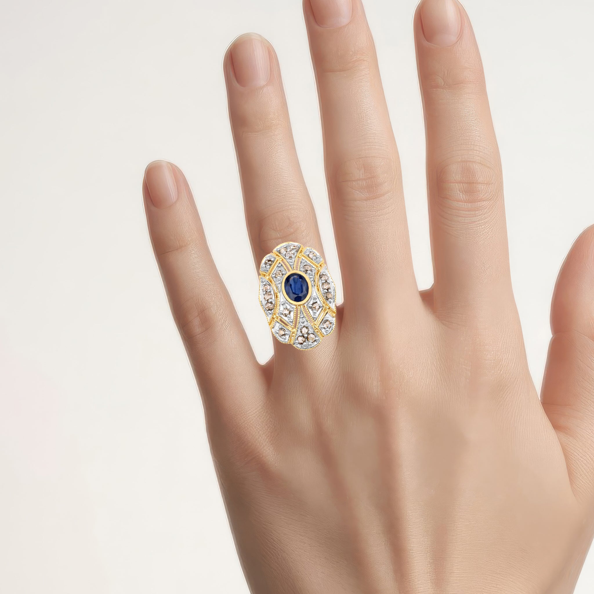 Blue Sapphire Ring With Diamonds 1.8 Carats Gold Plated Silver