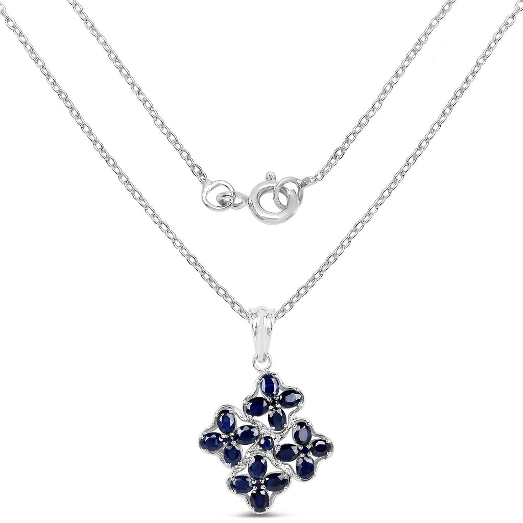 Blue Sapphire Flower Pendant 3.62 Carats Sterling Silver