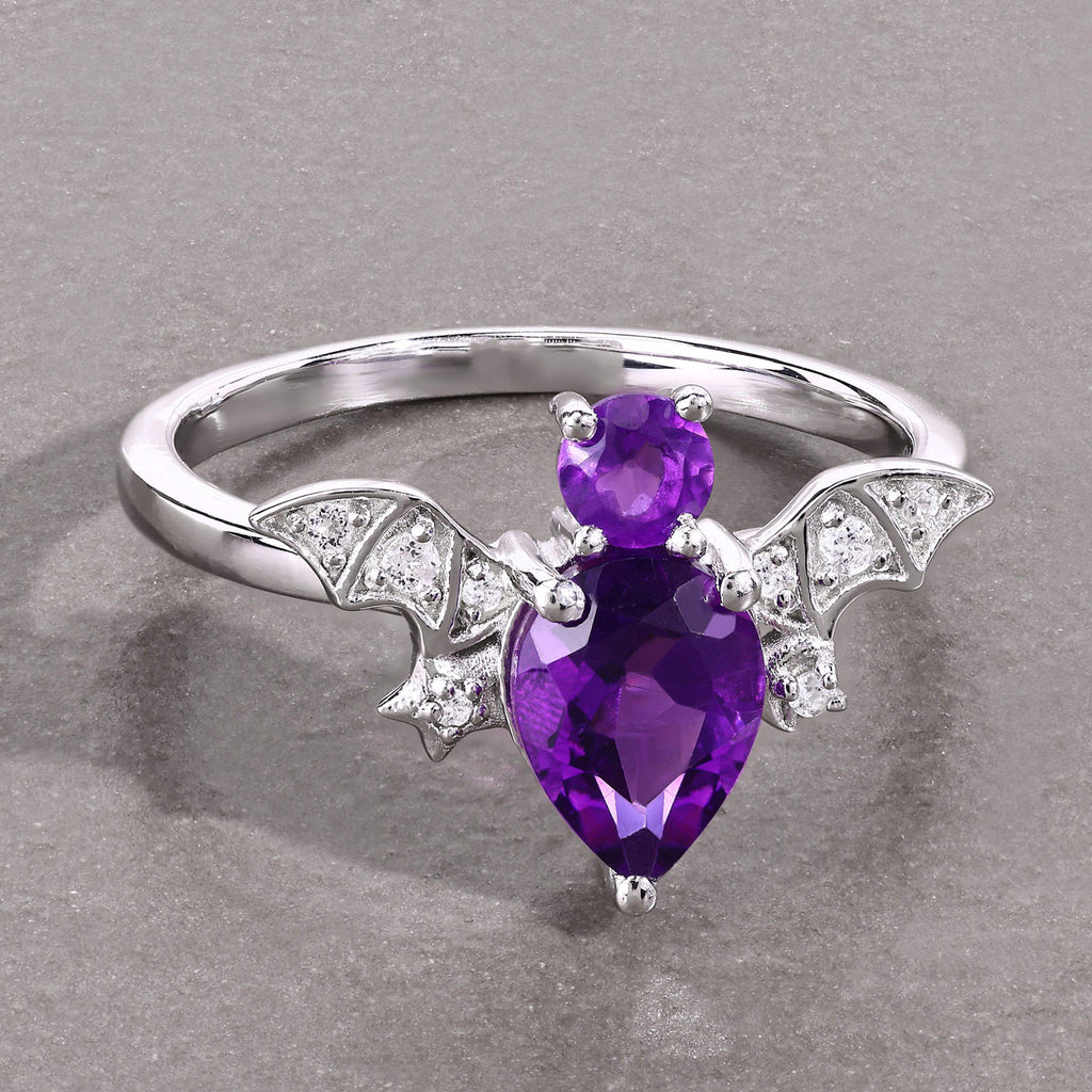 Amethyst Bat Ring With White Topaz 1.11 Carats Sterling Silver