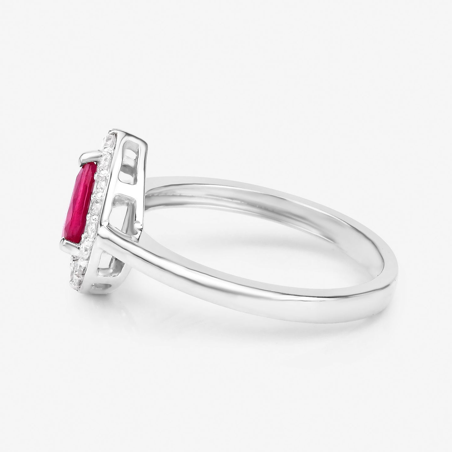 Pear Ruby Ring With Diamonds 0.92 Carats 14K White Gold