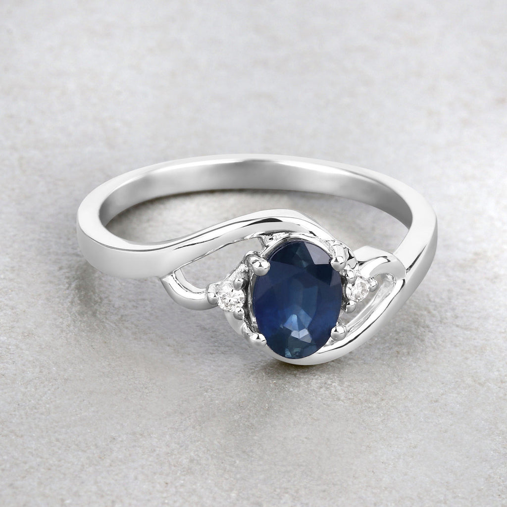 Blue Sapphire Ring With Diamonds 0.96 Carats 10K White Gold