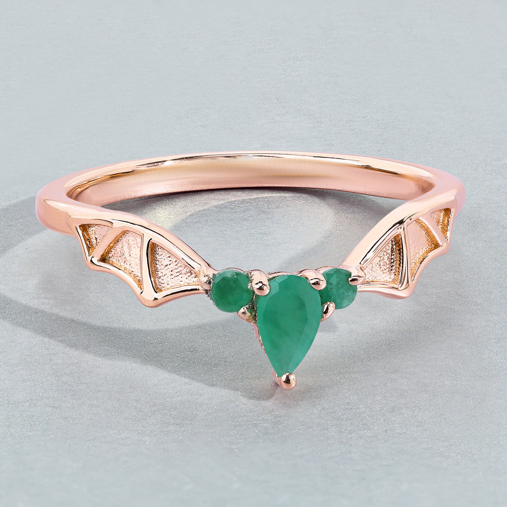 Emerald Bat Ring 0.26 Carats Gold Plated Silver