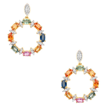 Natural Multicolor Sapphire Earrings White Zircon 4.1 Carats Gold Plated Silver