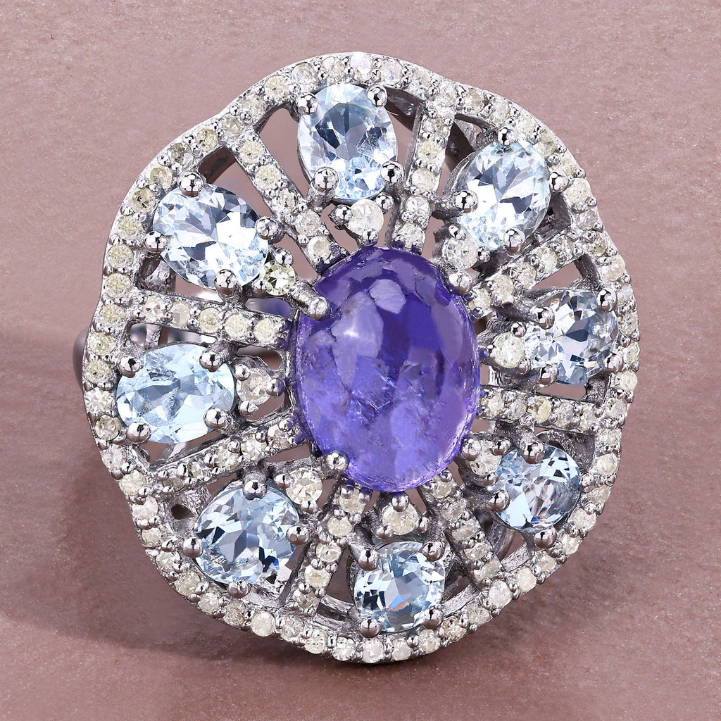 Tanzanite Ring With Aquamarine and Diamonds 7.34 Carats Sterling Silver