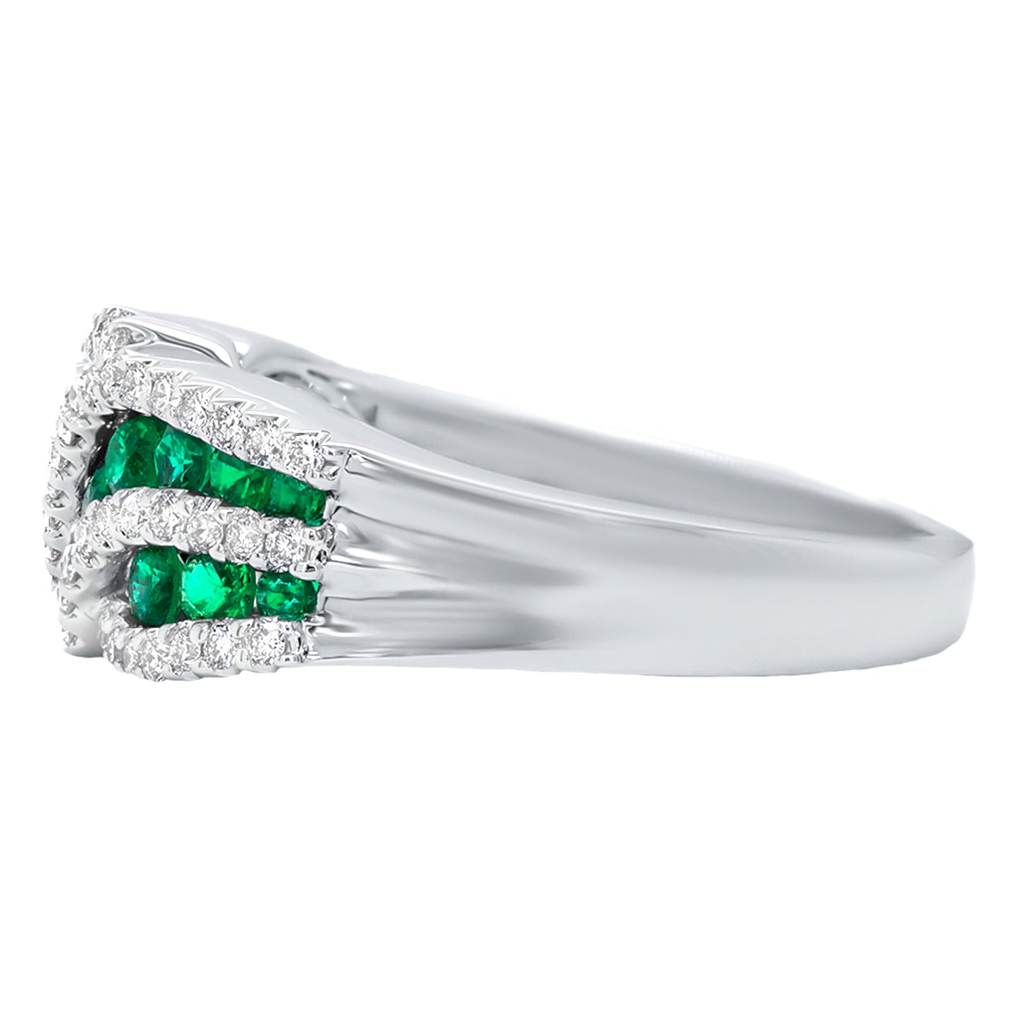 Emeralds and Diamonds Wave Band Ring 18K White Gold