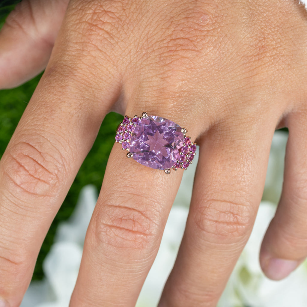 Pink Amethyst Ring With Rhodolite Garnet 5.86 Carats Gold Plated Silver