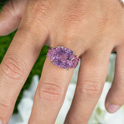 Pink Amethyst Ring With Rhodolite Garnet 5.86 Carats Gold Plated Silver