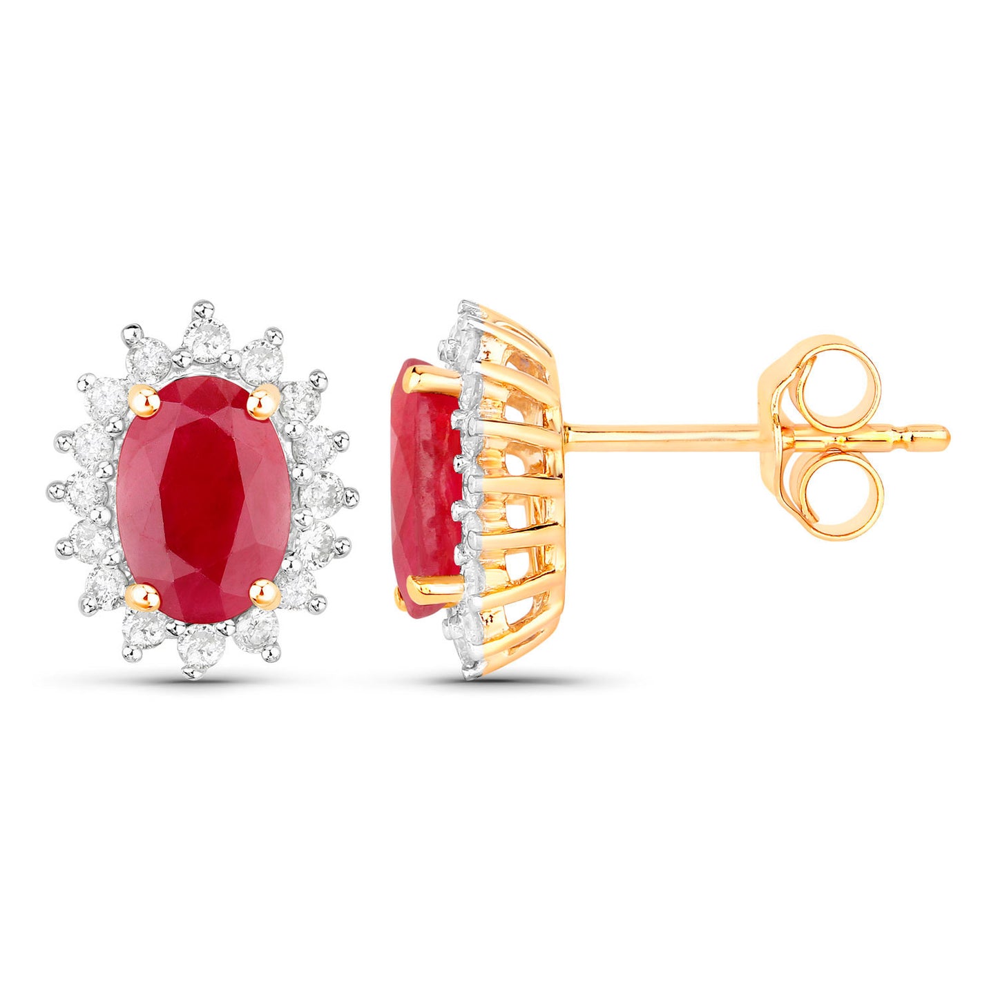 Ruby Earrings Halo Diamonds 2 Carats 14K Yellow Gold