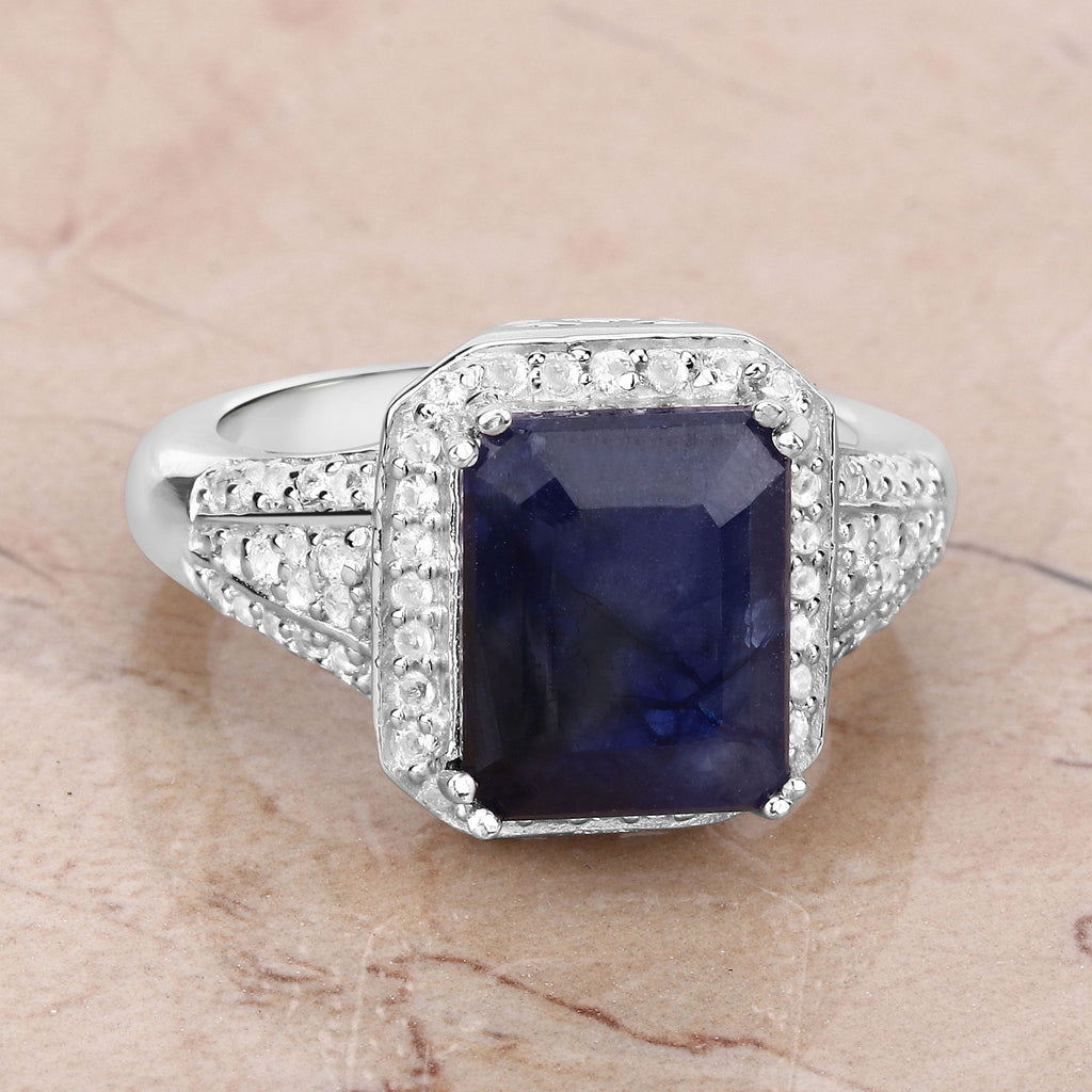 Sapphire Ring With White Topaz 4.76 Carats Sterling Silver