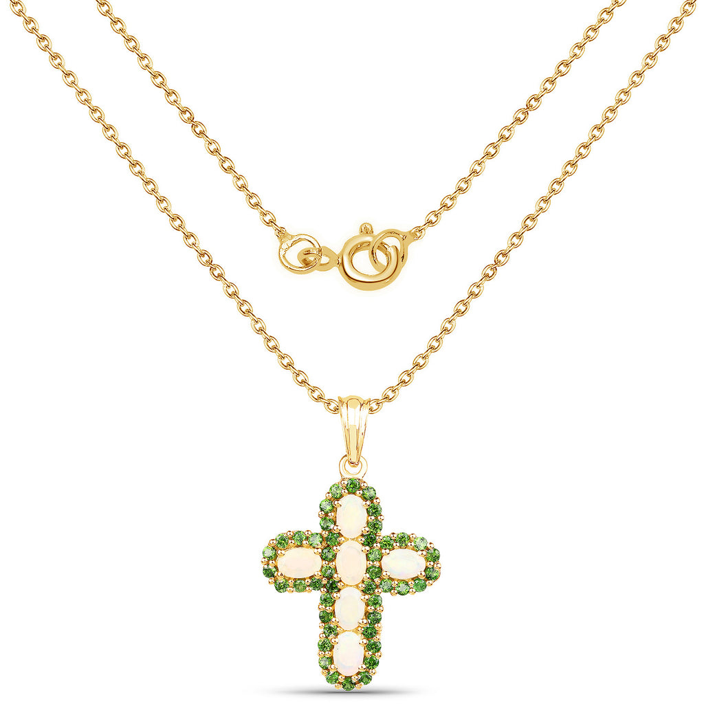 Ethiopian Opal Cross Pendant With Chrome Diopside 3.08 Carats Gold Plated Silver