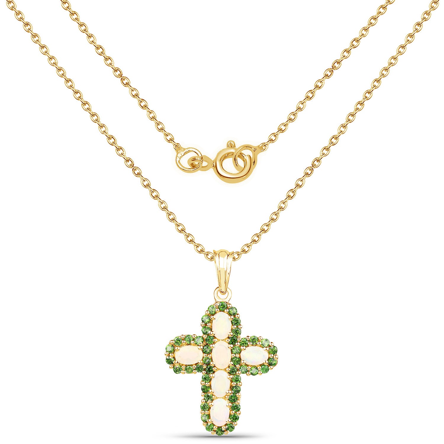 Ethiopian Opal Cross Pendant With Chrome Diopside 3.08 Carats Gold Plated Silver