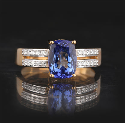 Natural Tanzanite Ring With Diamonds 1.99 Carats 9K Yellow Gold