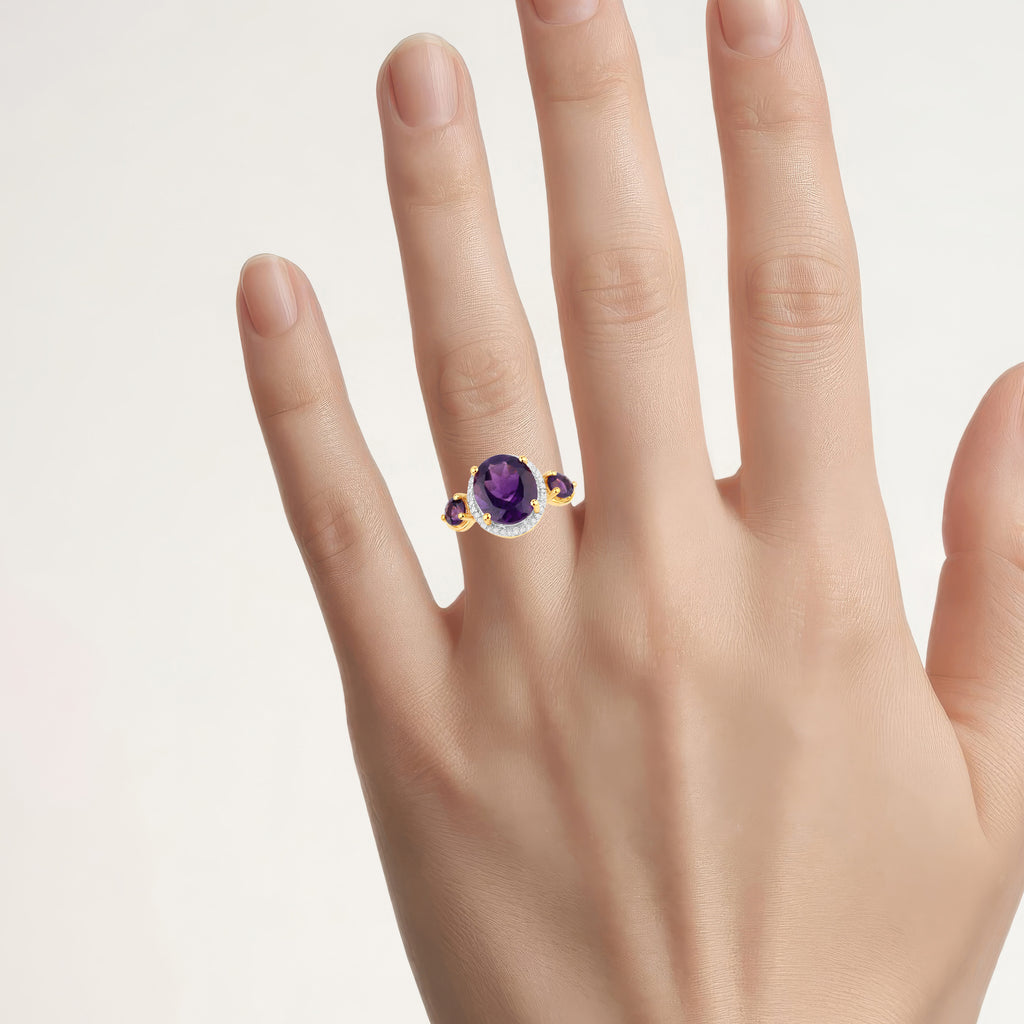 Amethyst Ring With Diamonds 3.76 Carats Gold Plated Silver