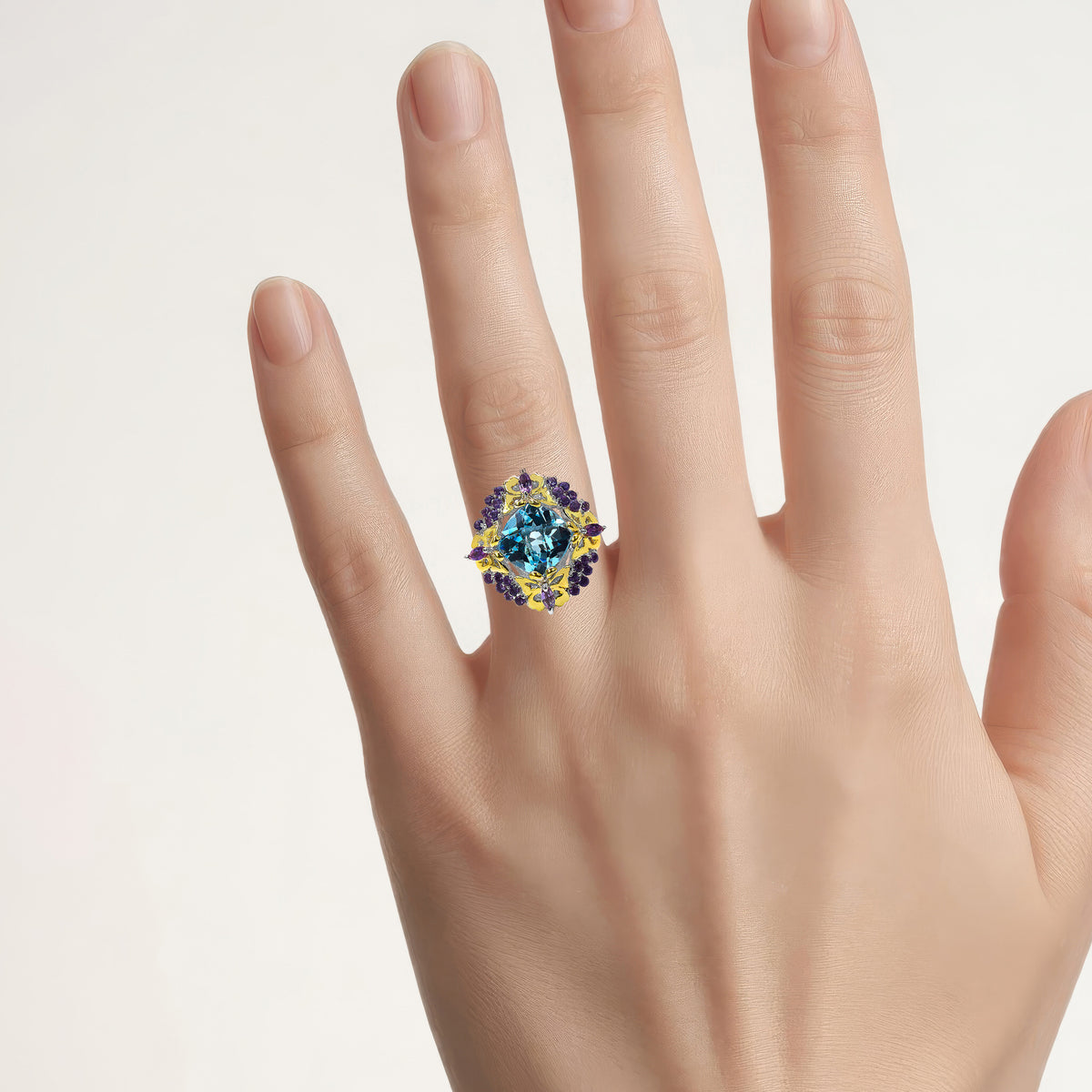 Blue Topaz Butterfly Ring With Amethyst and Diamonds 5.61 Carats Sterling Silver