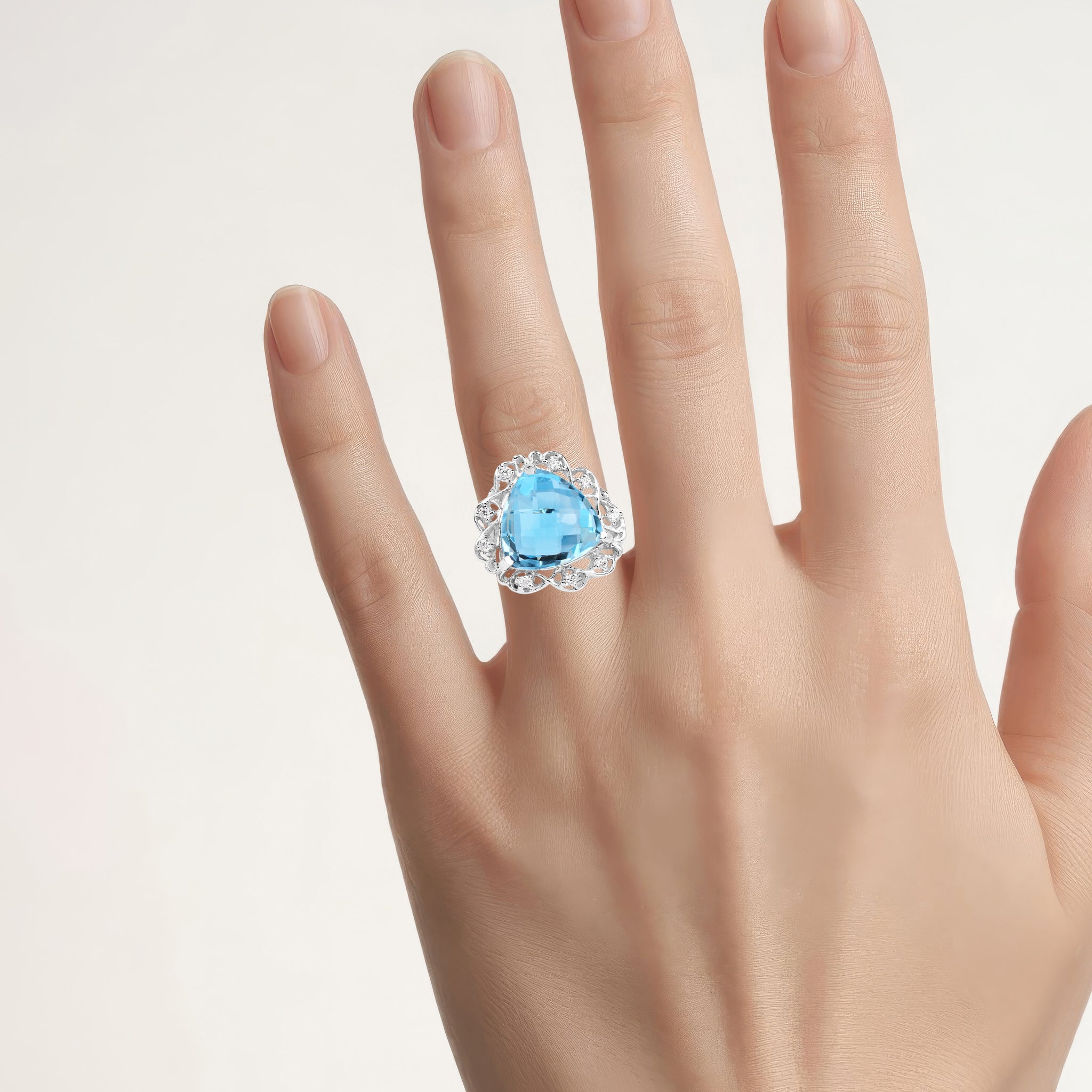 Blue Topaz Ring With White Zircon 10.9 Carats Sterling Silver