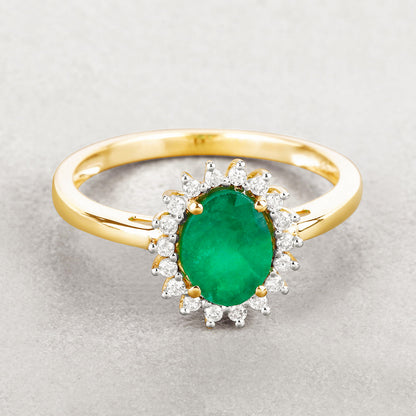 Natural Zambian Emerald Ring With Diamonds 1.30 Carats 14K Yellow Gold