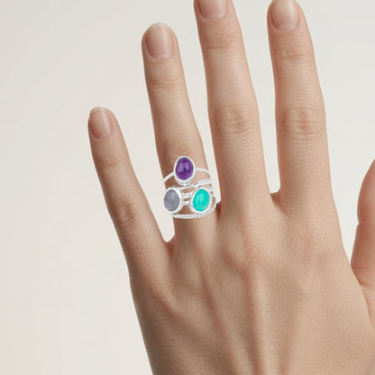 Natural Mixed Gemstones Ring 4.48 Carats Sterling Silver