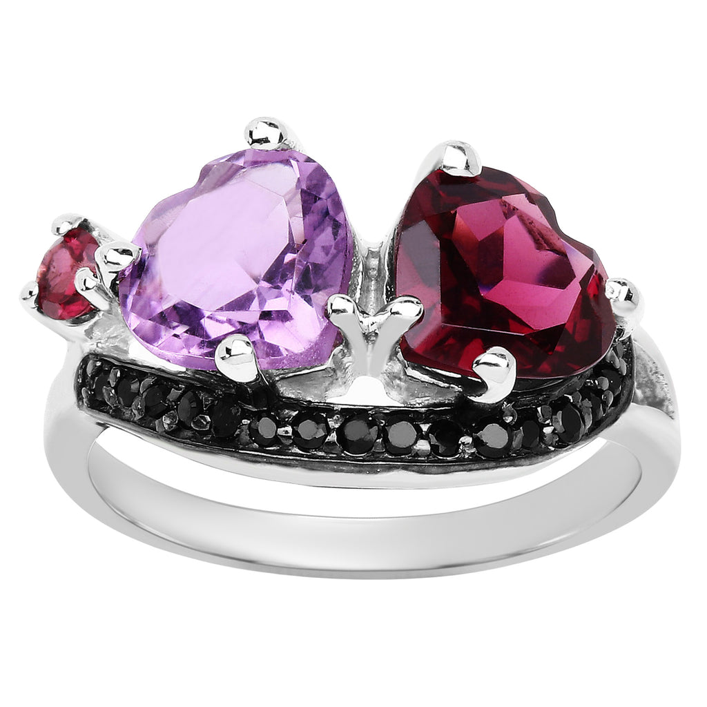 Rhodolite Garnet Heart Ring Amethyst and Black Spinel 4 Carats Sterling Silver
