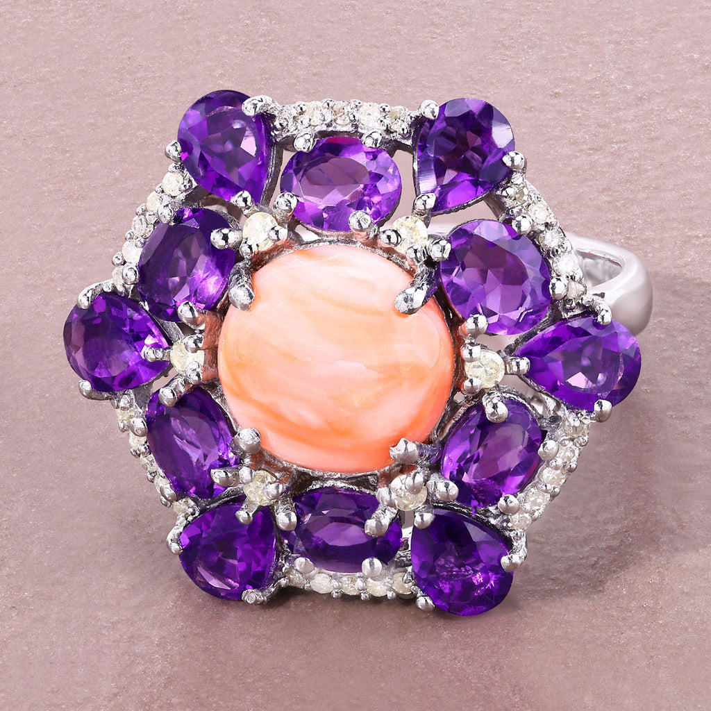 Pink Coral Ring With Amethyst 6.08 Carats Sterling Silver