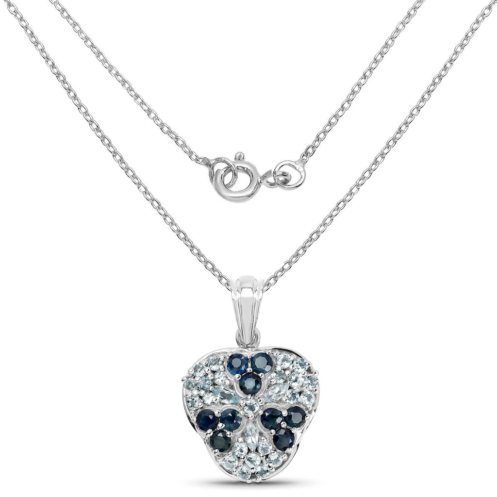 Blue Sapphire Flower Pendant With Aquamarine 2.66 Carats Sterling Silver