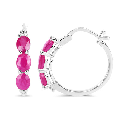 Natural Ruby Hoop Earrings With Diamonds 1.79 Carats Sterling Silver