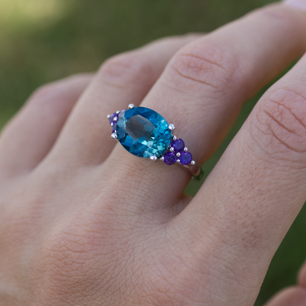 London Blue Topaz Cocktail Ring Amethyst Setting 6.65 Carats