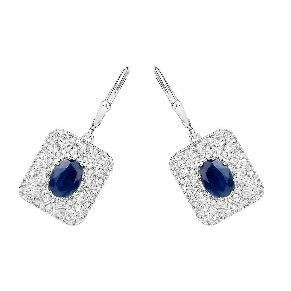 Natural Blue Sapphire Earrings With Diamonds 3.32 Carats Sterling Silver