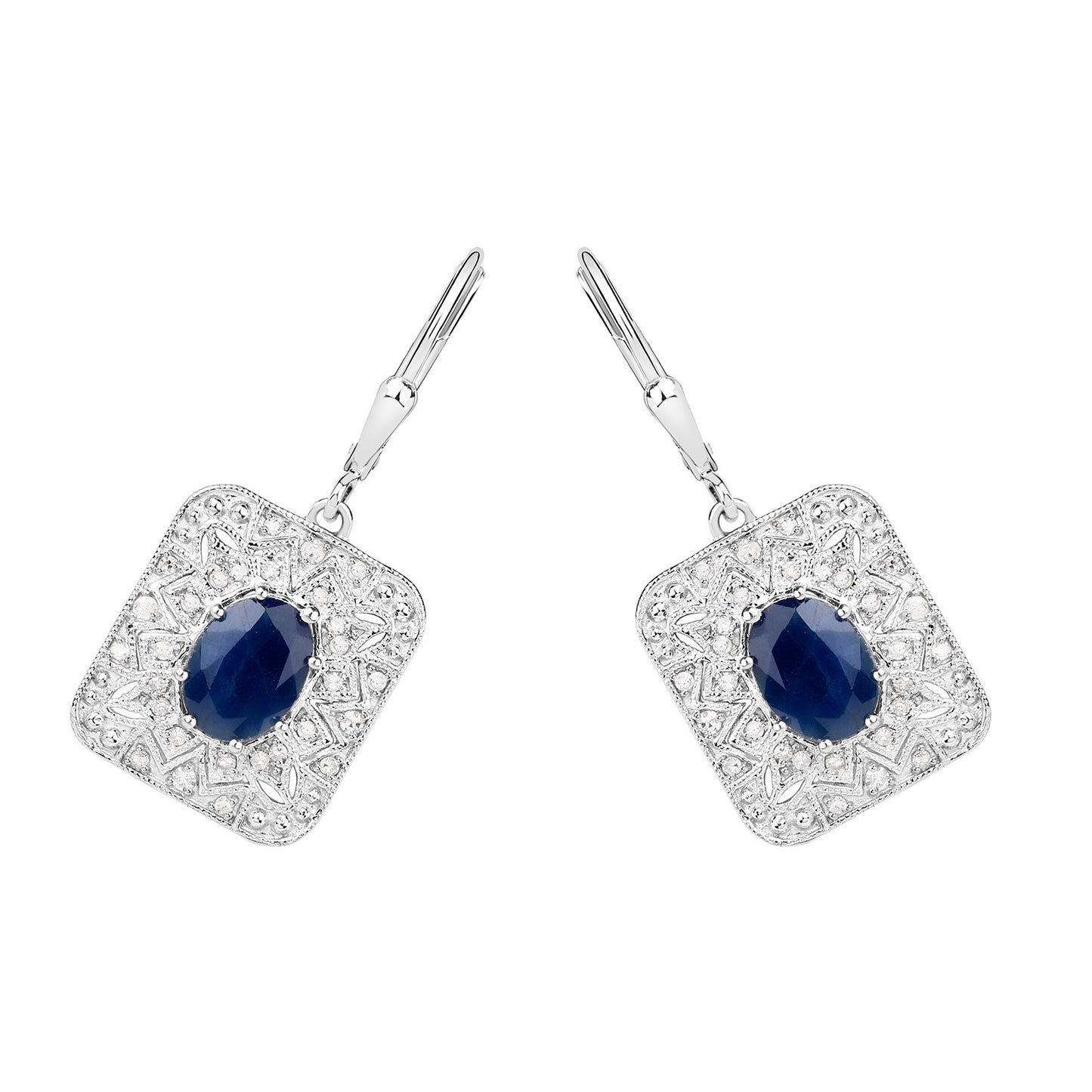 Natural Blue Sapphire Earrings With Diamonds 3.32 Carats Sterling Silver