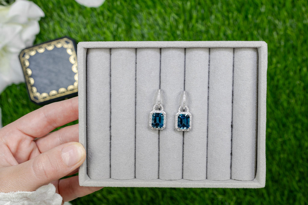 London Blue Topaz Dangle Earrings Diamonds 7.95 Carats Sterling Silver