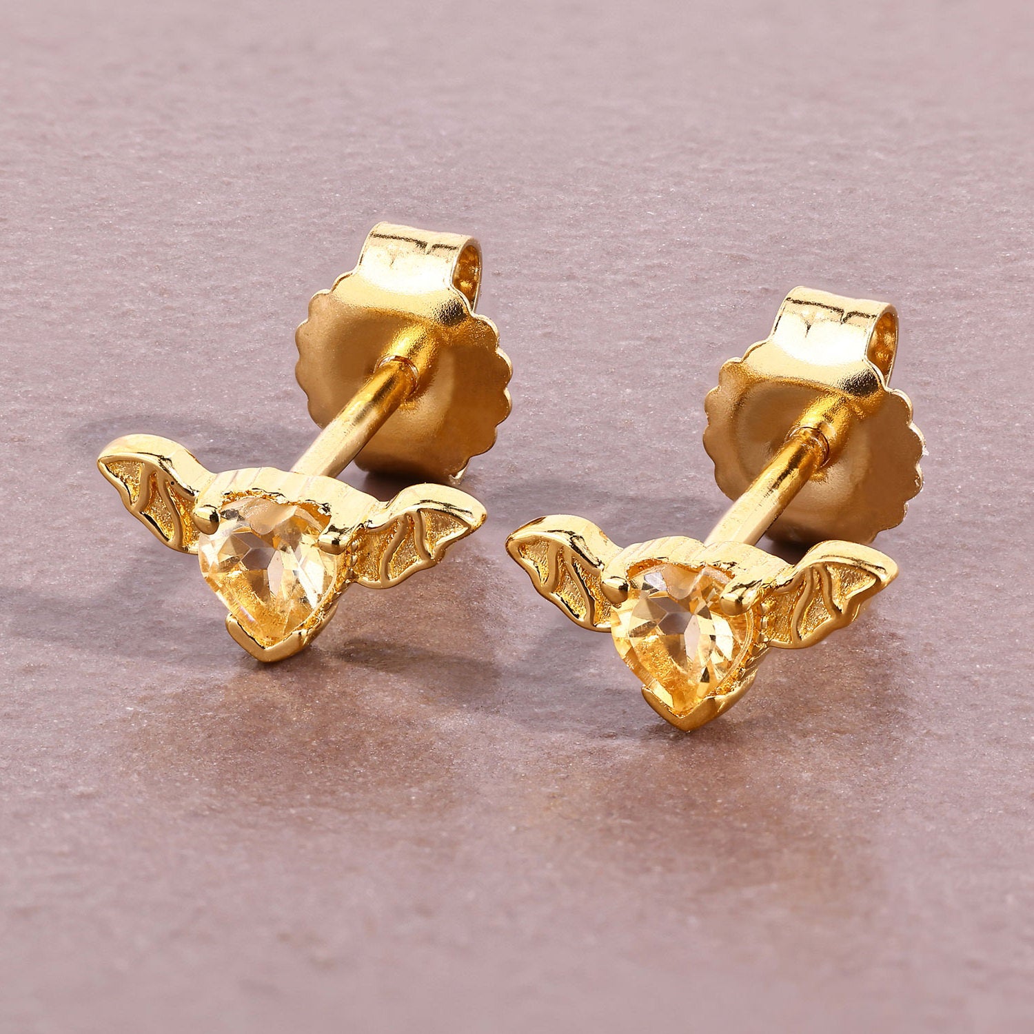Citrine Bat Stud Earrings 0.34 Carats Gold Plated Silver