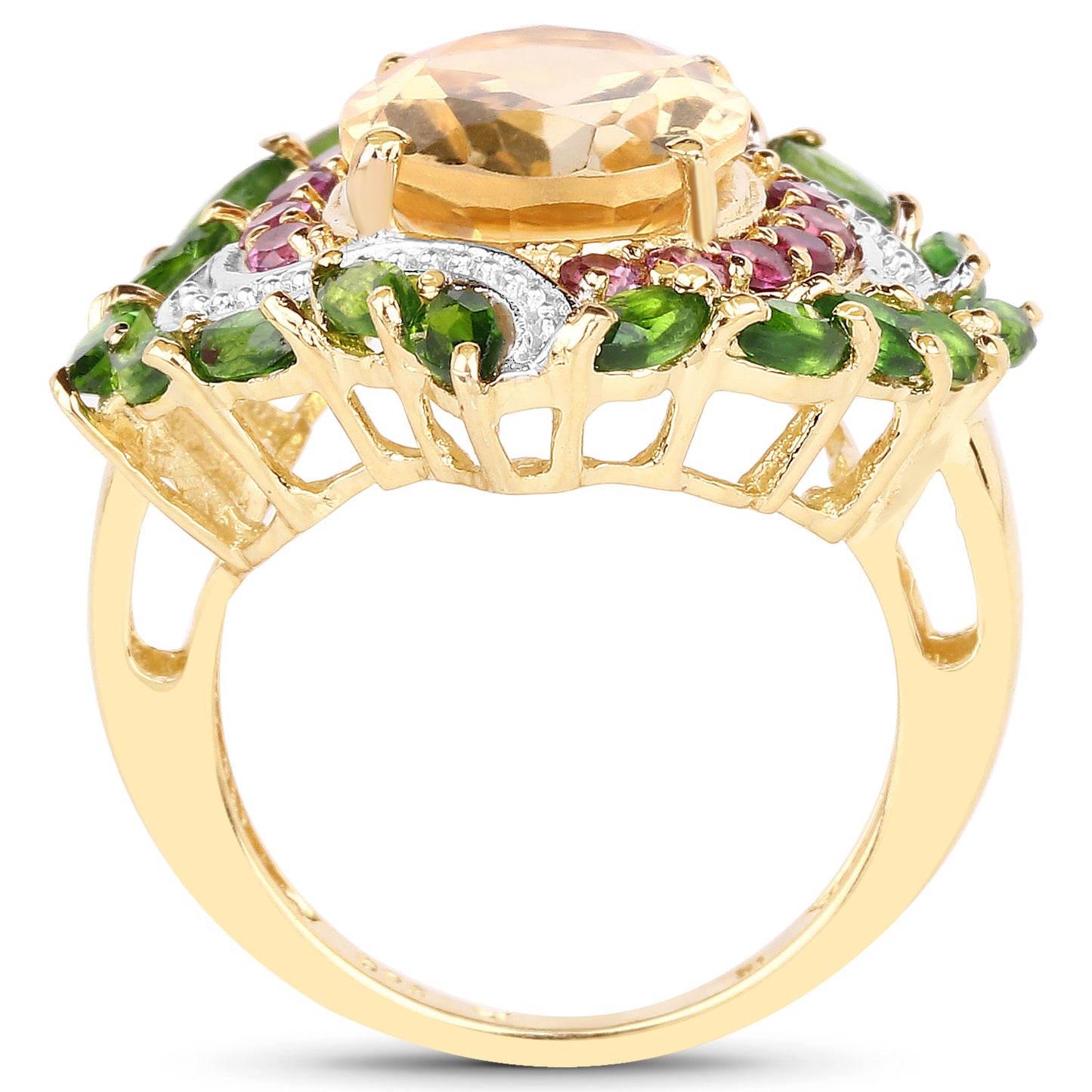 Natural Multicolor Gemstones Cocktail Ring 6.12 Carats 14K Gold Plated Silver