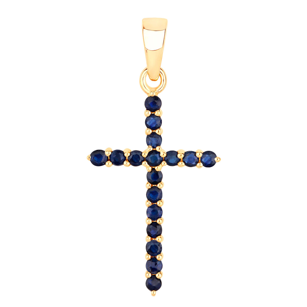 Natural Blue Sapphire Cross Pendant 0.58 Carats 14K Yellow Gold