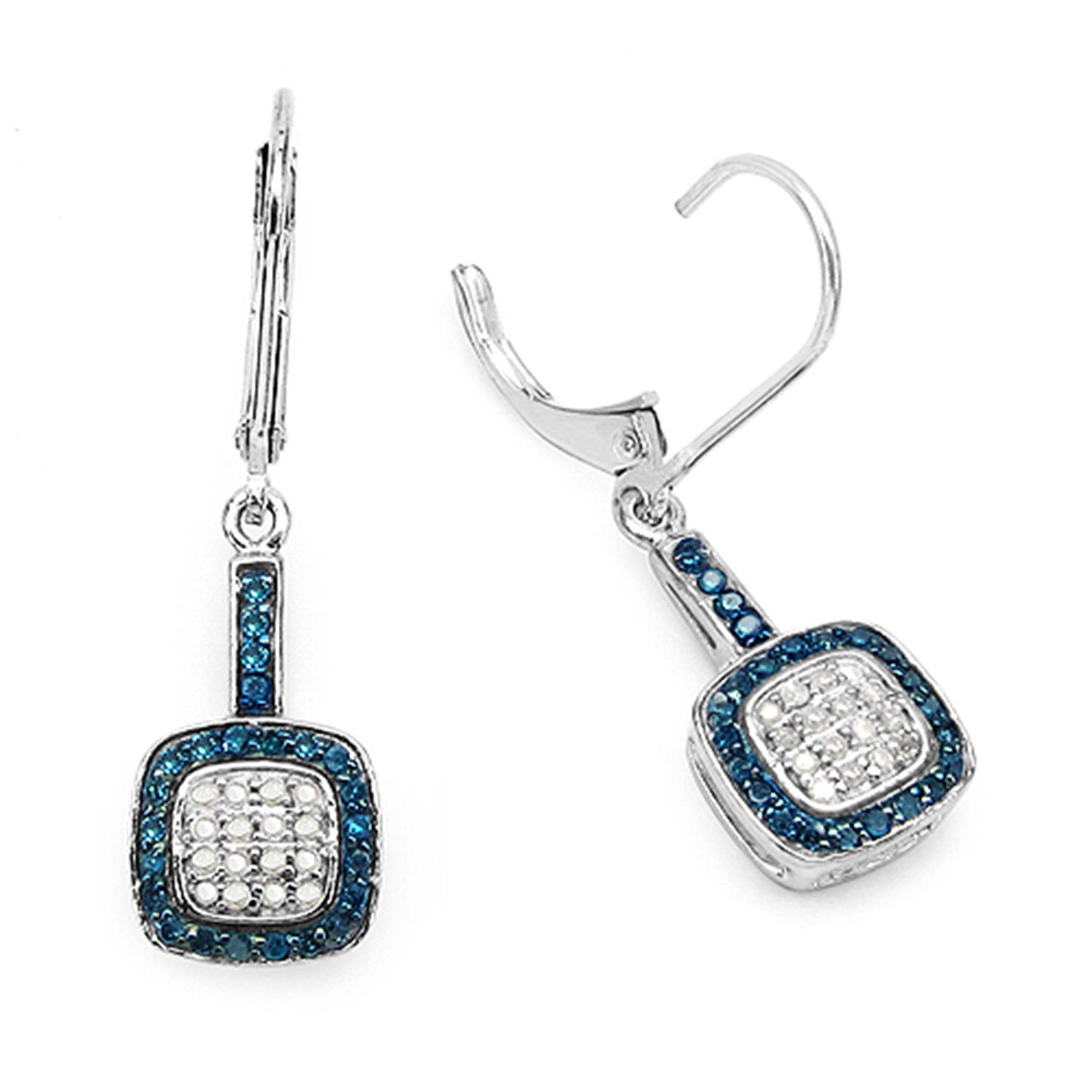 Blue and White Diamond Cluster Earrings 0.4 Carats Sterling Silver