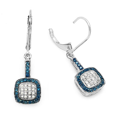 Blue and White Diamond Cluster Earrings 0.4 Carats Sterling Silver