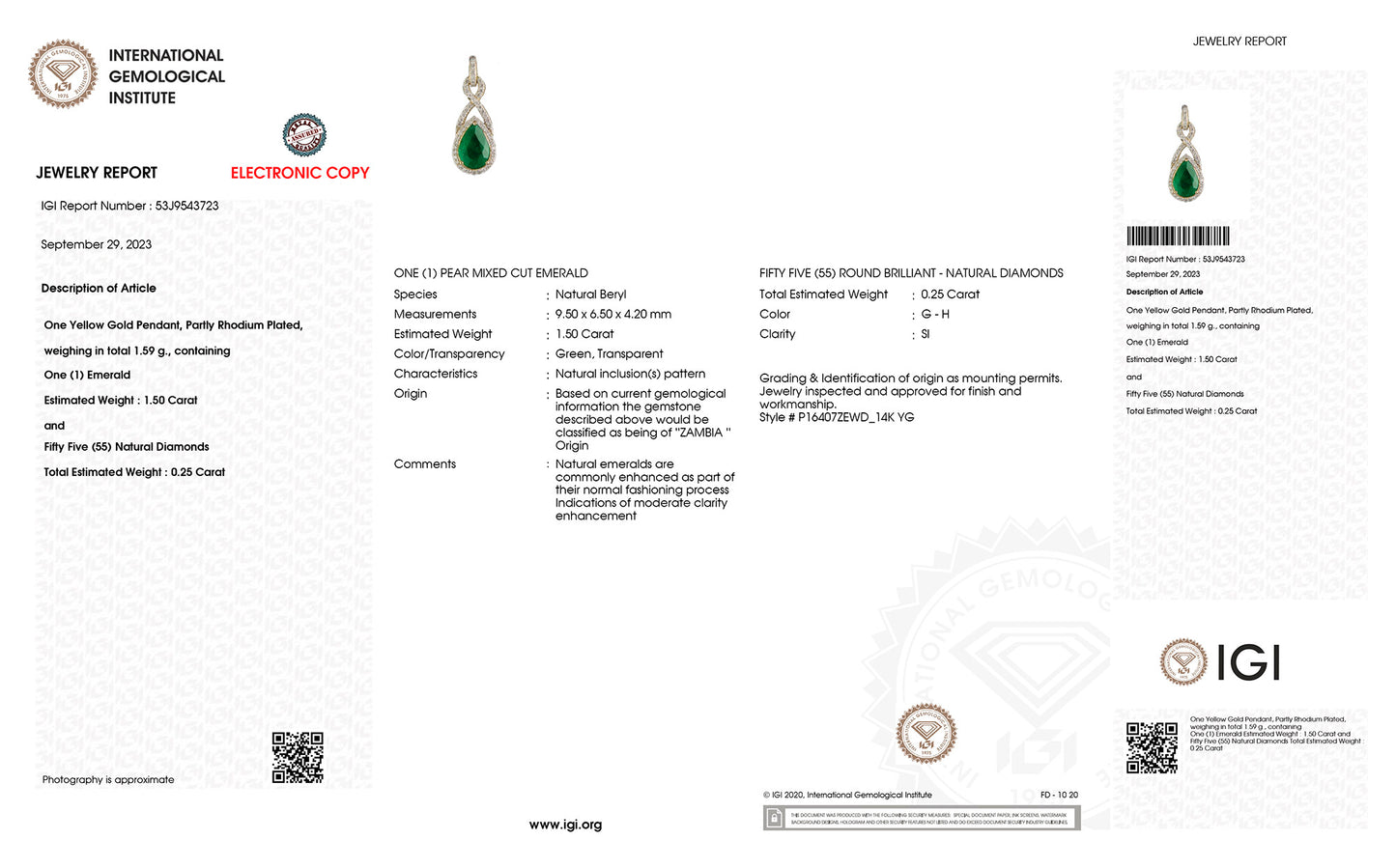 IGI Certified Zambian Emerald Pendant Necklace With Diamonds 1.75 Carats 14K