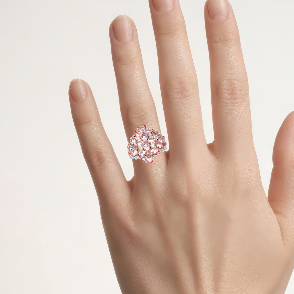 Morganite Flower Ring With White Topaz 2.44 Carats Gold Plated Silver