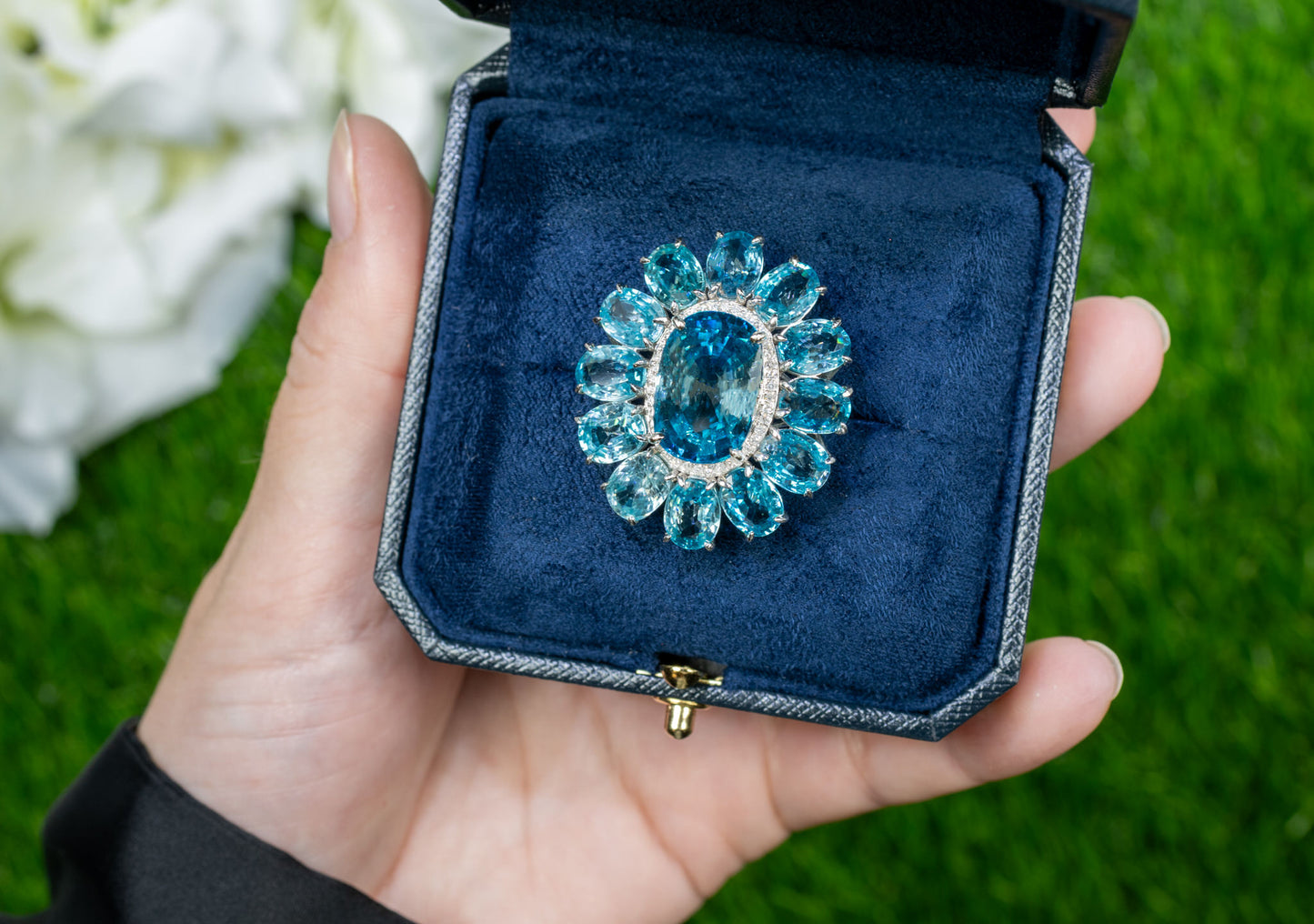 Blue Zircon Cocktail Ring Diamond Halo 30 Carats 14K Gold