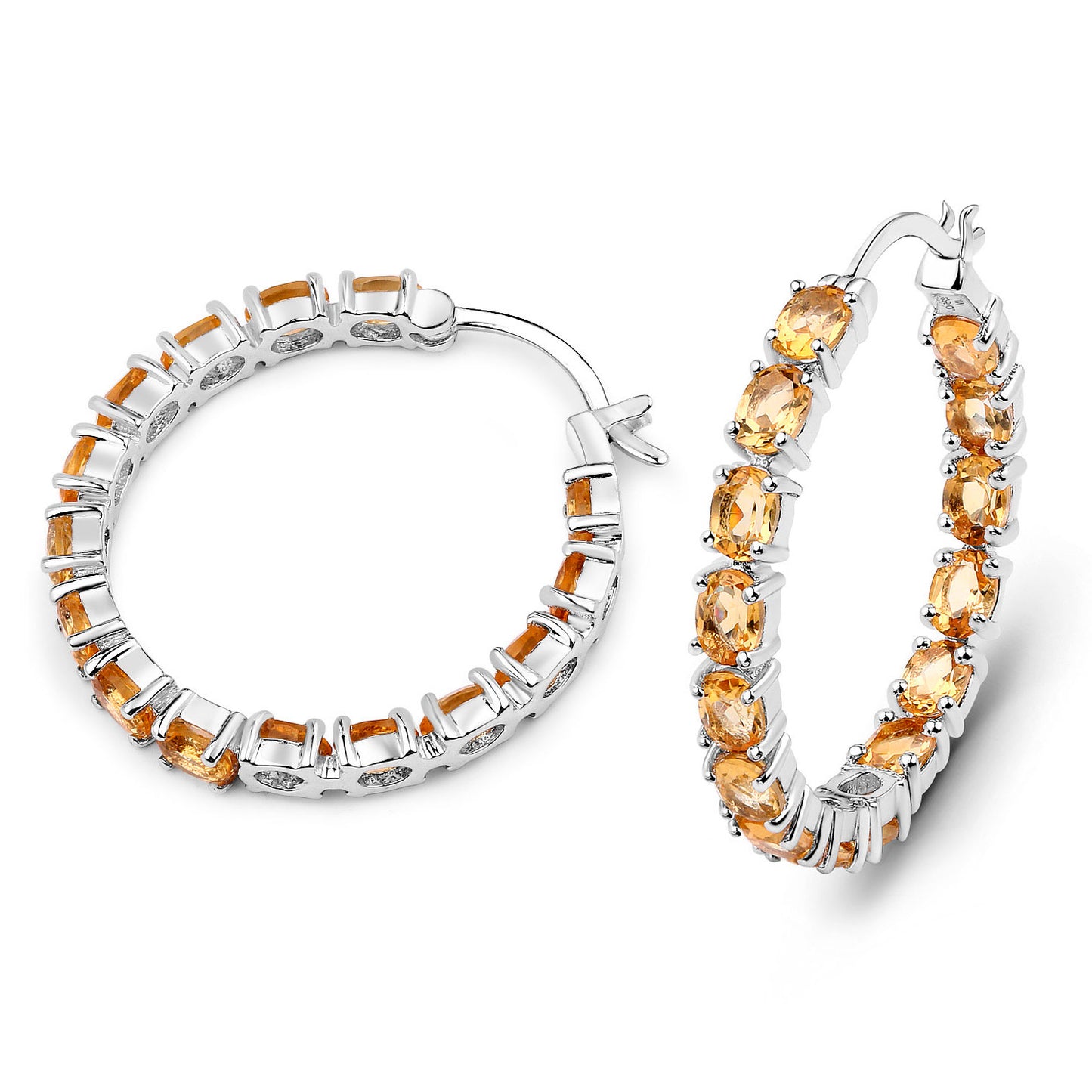 Citrine Hoop Earrings 4.78 Carats Rhodium Plated Sterling Silver