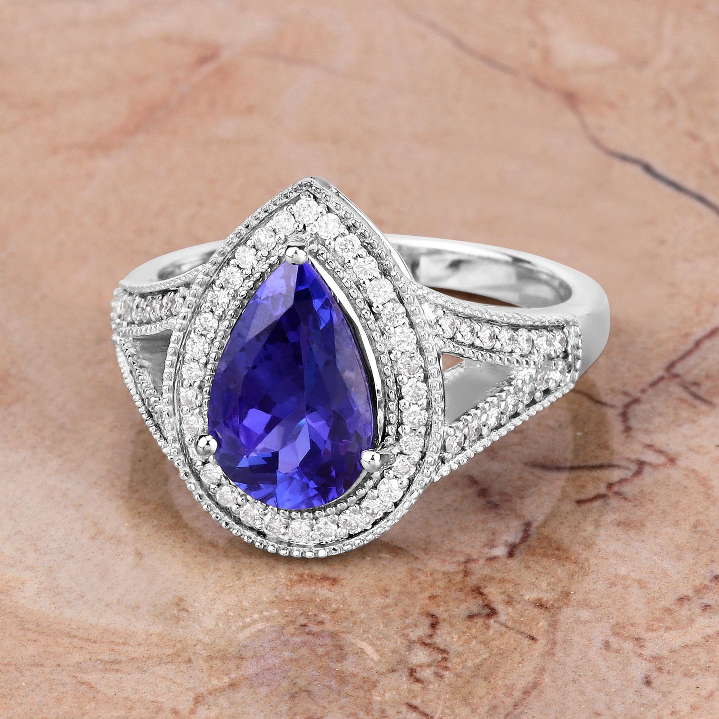 Natural Tanzanite Ring With Diamonds 2.58 Carats 14K White Gold