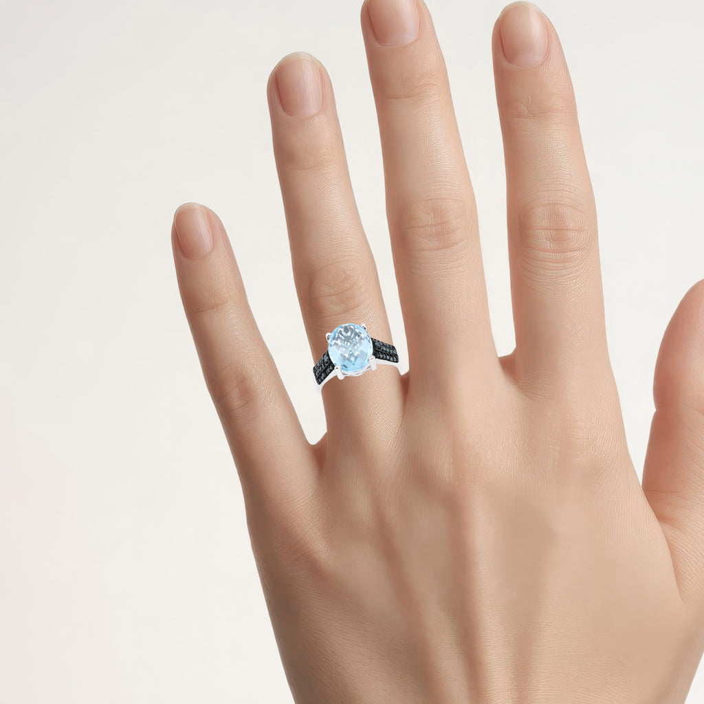 Blue Topaz Ring With Blue Diamonds 5.38 Carats Sterling Silver