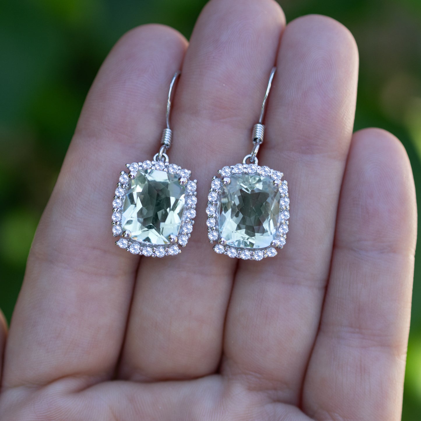 Green Amethyst Dangle Earrings White Topazes 10.4 Carats Sterling Silver