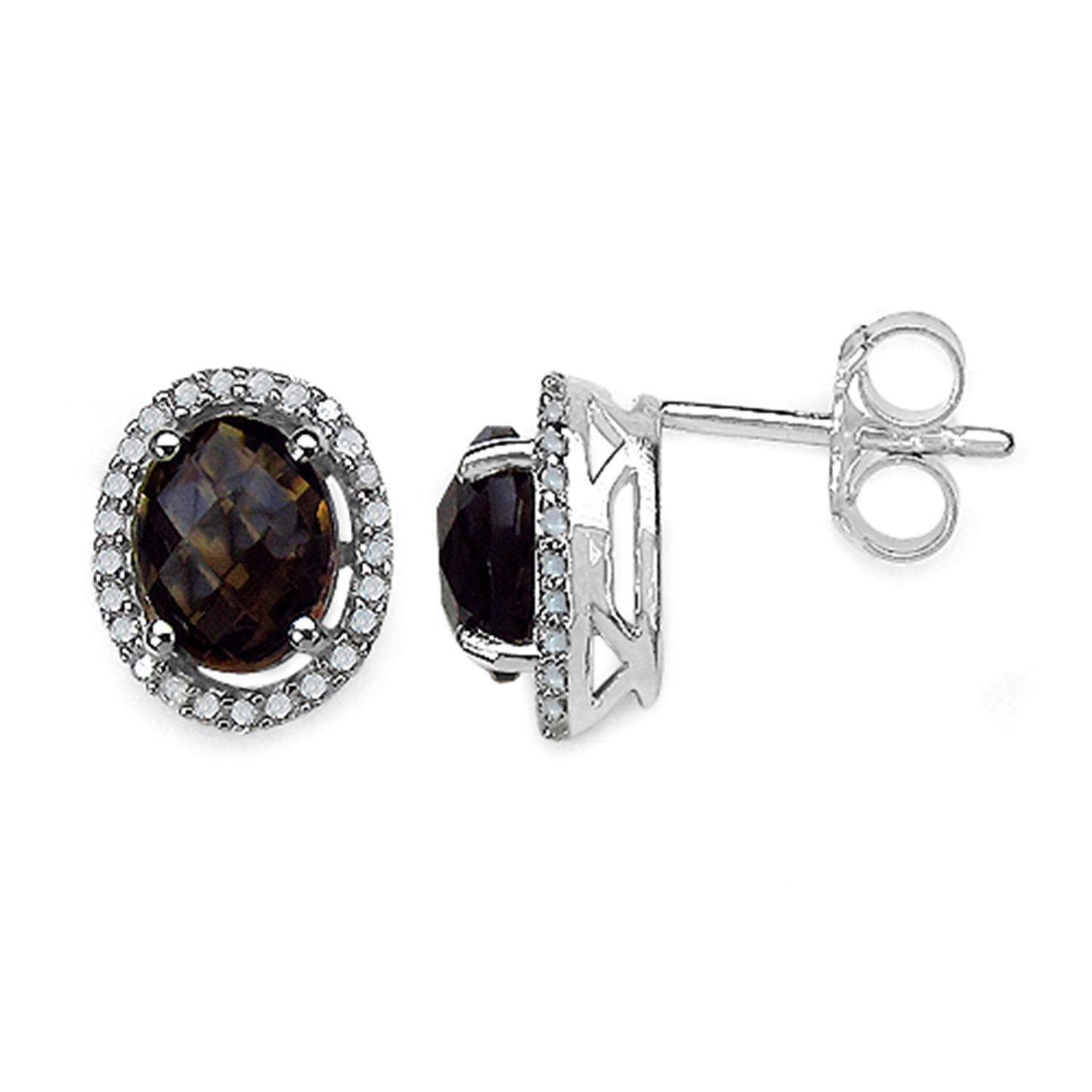 Smoky Quartz Earrings With Diamonds 2.34 Carats Sterling Silver