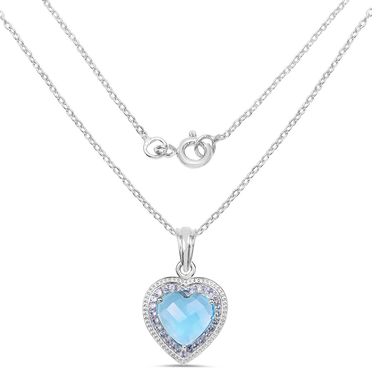 Blue Topaz Heart Pendant With Tanzanite 7.32 Carats Sterling Silver