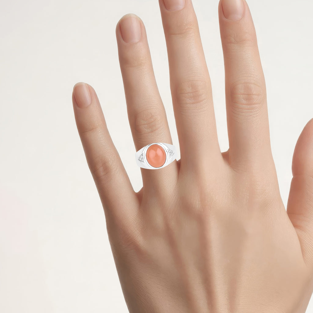 Peach Moonstone Ring With White Topaz 6.56 Carats Sterling Silver