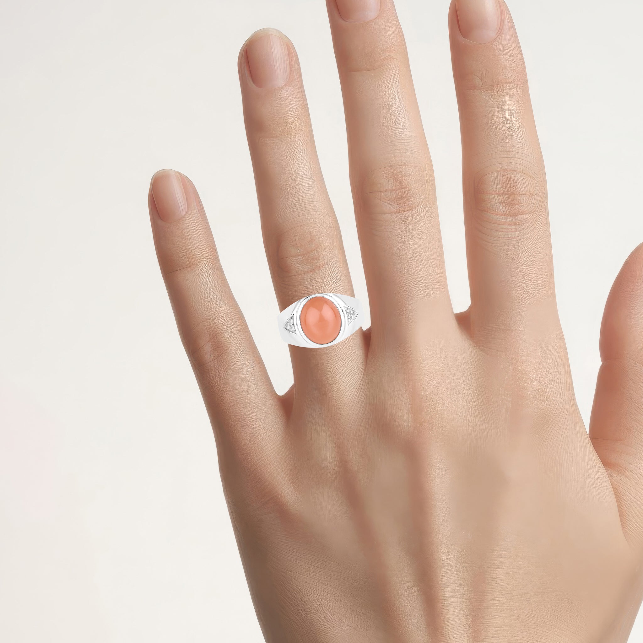 Peach Moonstone Ring With White Topaz 6.56 Carats Sterling Silver