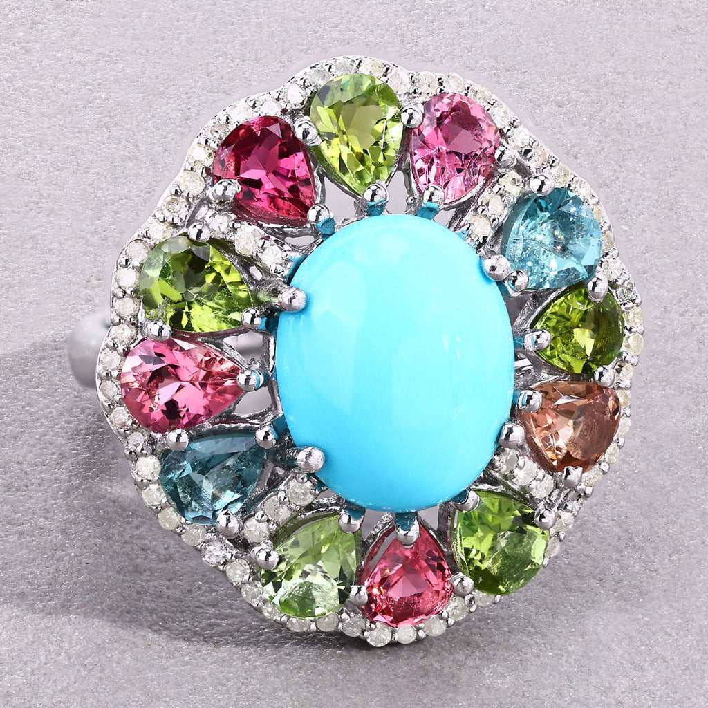 Turquoise Ring With Multicolor Tourmaline 6.56 Carats Sterling Silver