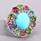 Turquoise Ring With Multicolor Tourmaline 6.56 Carats Sterling Silver