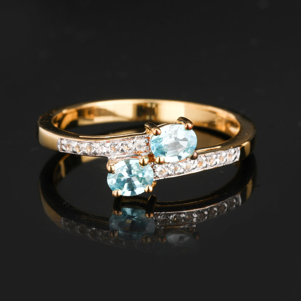 Natural Blue Zircon Ring With White Topaz 1.24 Carats Gold Plated Silver