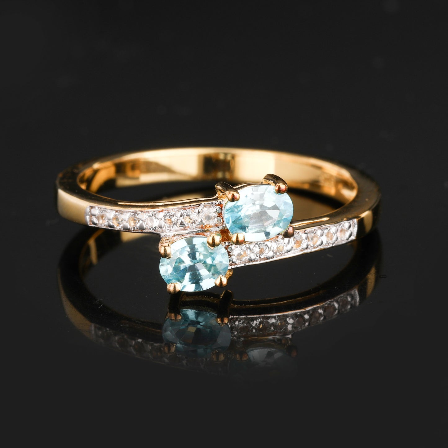 Natural Blue Zircon Ring With White Topaz 1.24 Carats Gold Plated Silver
