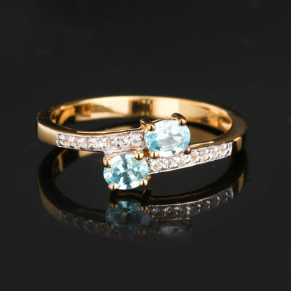 Natural Blue Zircon Ring With White Topaz 1.24 Carats Gold Plated Silver